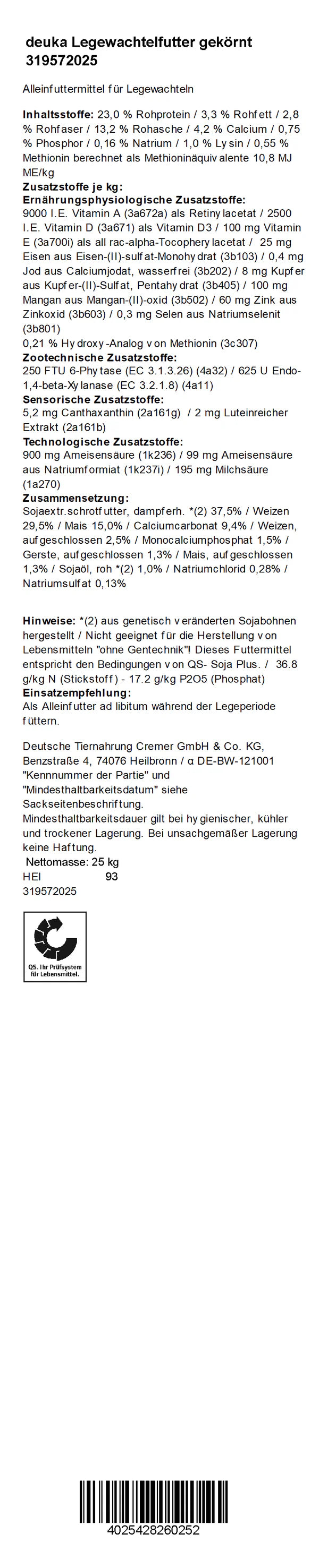 Deuka - Legewachtelfutter, 25 kg