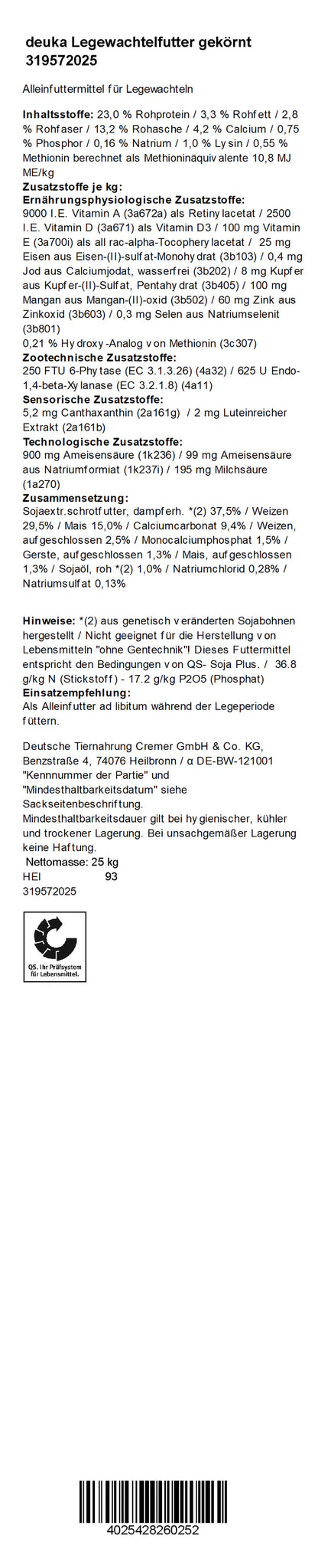 Deuka - Legewachtelfutter, 25 kg
