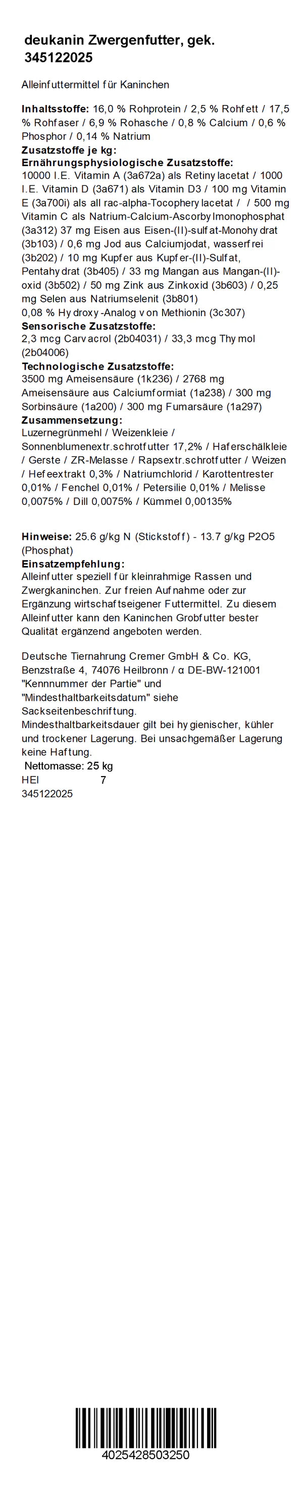Deukanin - Zwergenfutter, 25 kg