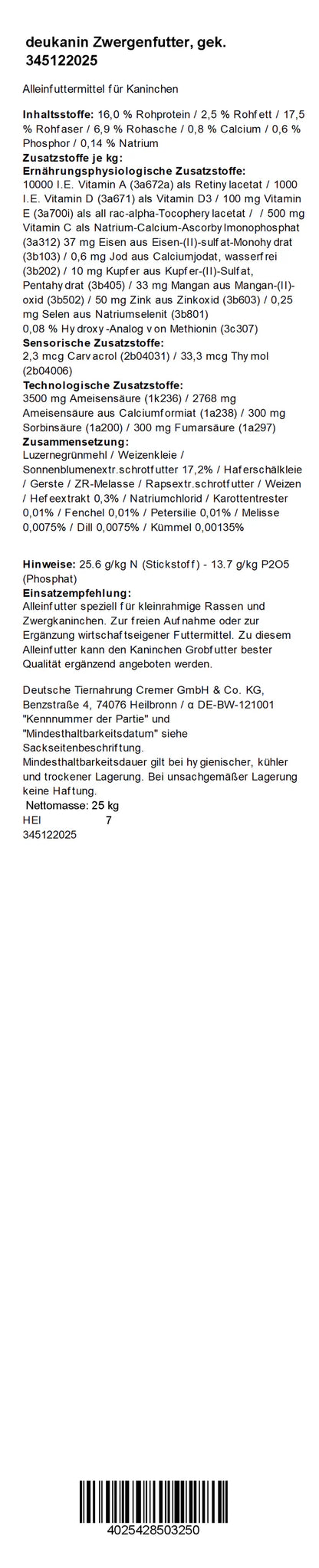 Deukanin - Zwergenfutter, 25 kg