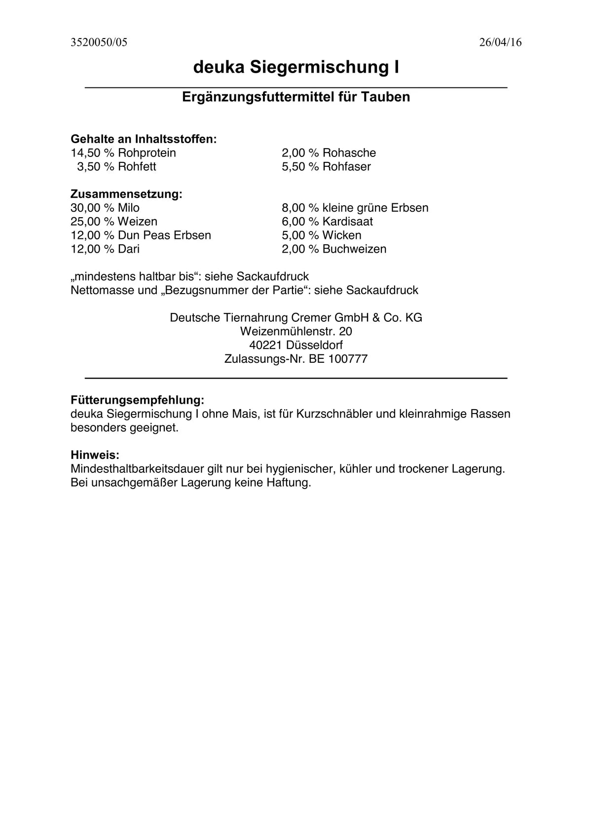 Deuka - Siegermischung 1, 25 kg