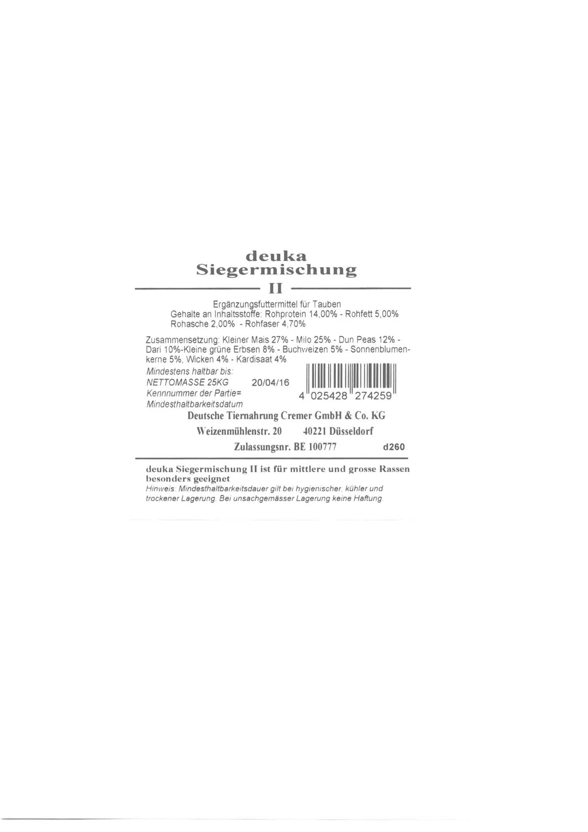 Deuka - Siegermischung 2 ,25 kg