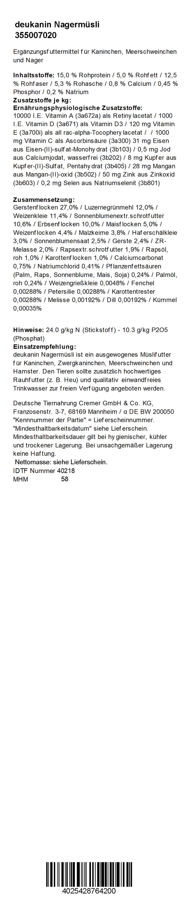 Deukanin - Nagermüsli, 20 kg