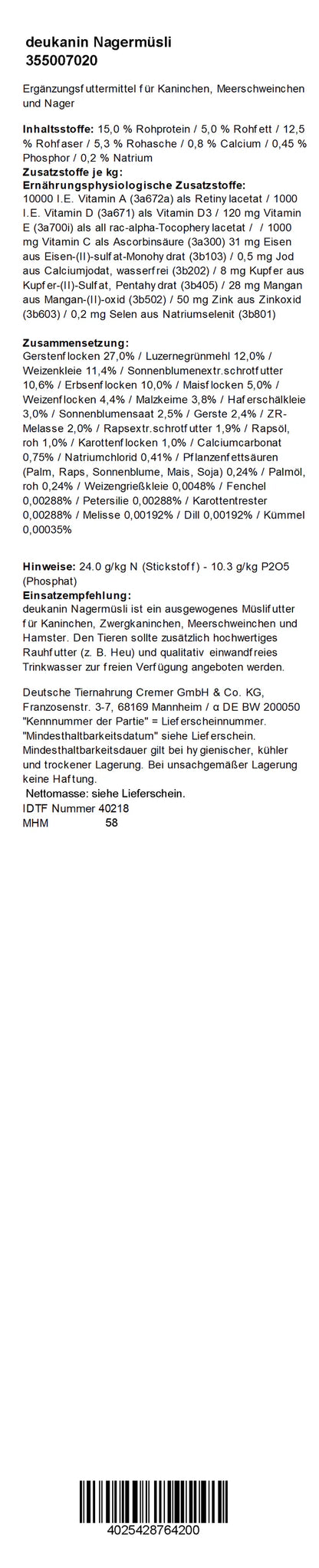 Deukanin - Nagermüsli, 20 kg