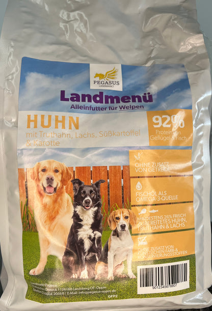 Landmenü - Huhn mit Truthahn, Lachs, Süßkartoffeln & Karotte