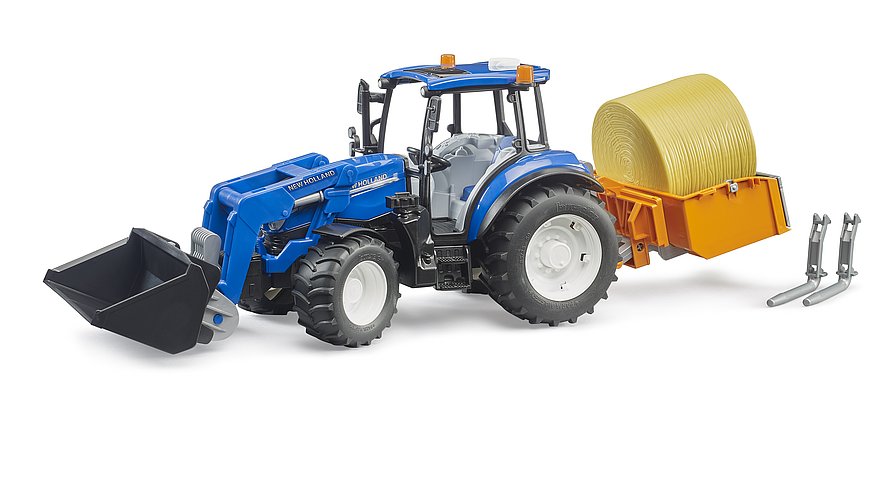 bruder - New Holland T5.120 mit Frontlader, Ladekasten, Gabeln und Rundballen