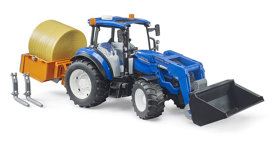 bruder - New Holland T5.120 mit Frontlader, Ladekasten, Gabeln und Rundballen