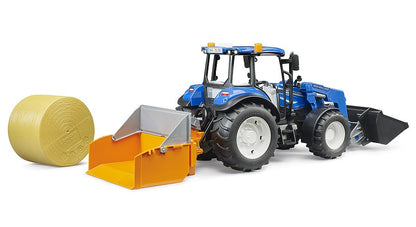 bruder - New Holland T5.120 mit Frontlader, Ladekasten, Gabeln und Rundballen