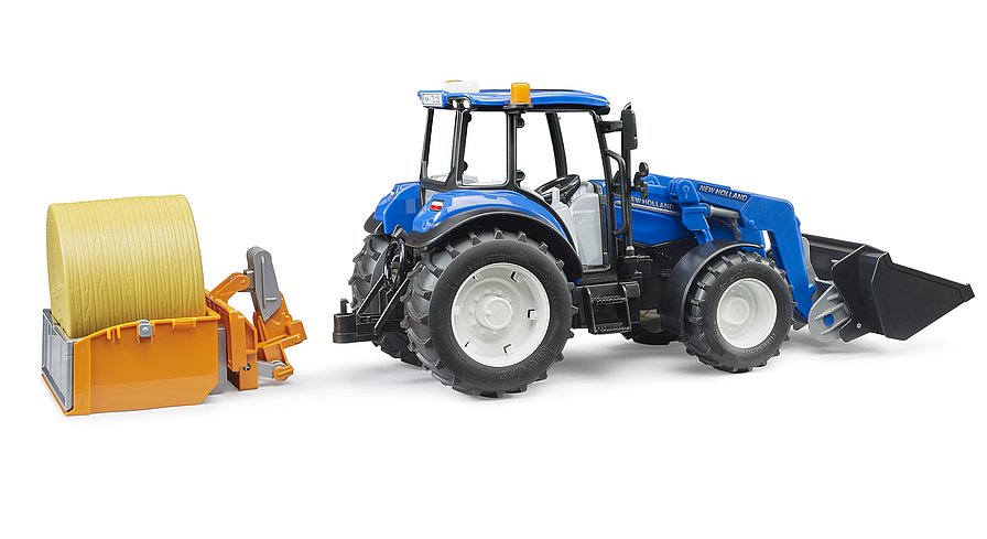 bruder - New Holland T5.120 mit Frontlader, Ladekasten, Gabeln und Rundballen