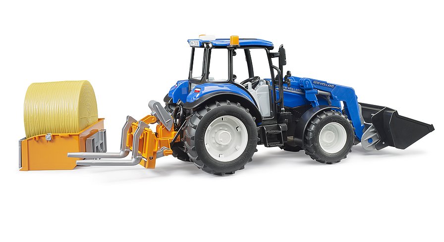 bruder - New Holland T5.120 mit Frontlader, Ladekasten, Gabeln und Rundballen