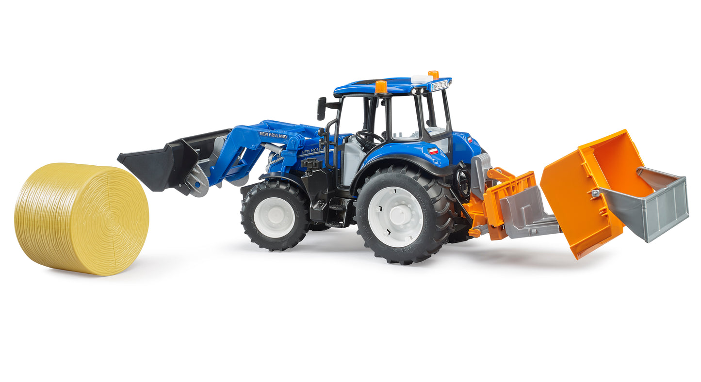 bruder - New Holland T5.120 mit Frontlader, Ladekasten, Gabeln und Rundballen